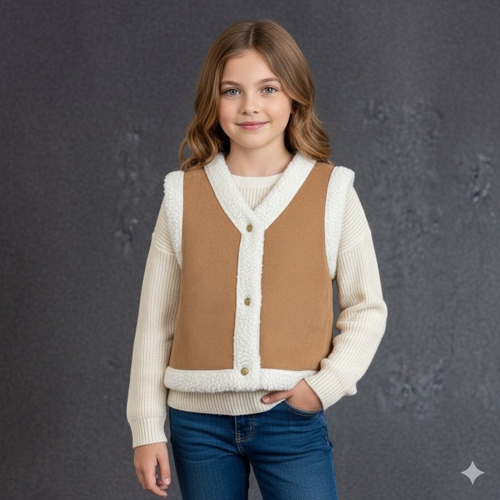 btween Girls Size Large Sherpa Lined Faux Suede Vest Brown Button Front Western
